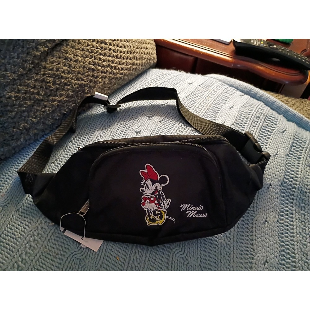 Disney Minnie Mouse Black Waist Fanny Pack Bag Embroidered Classic Red Bow NWT